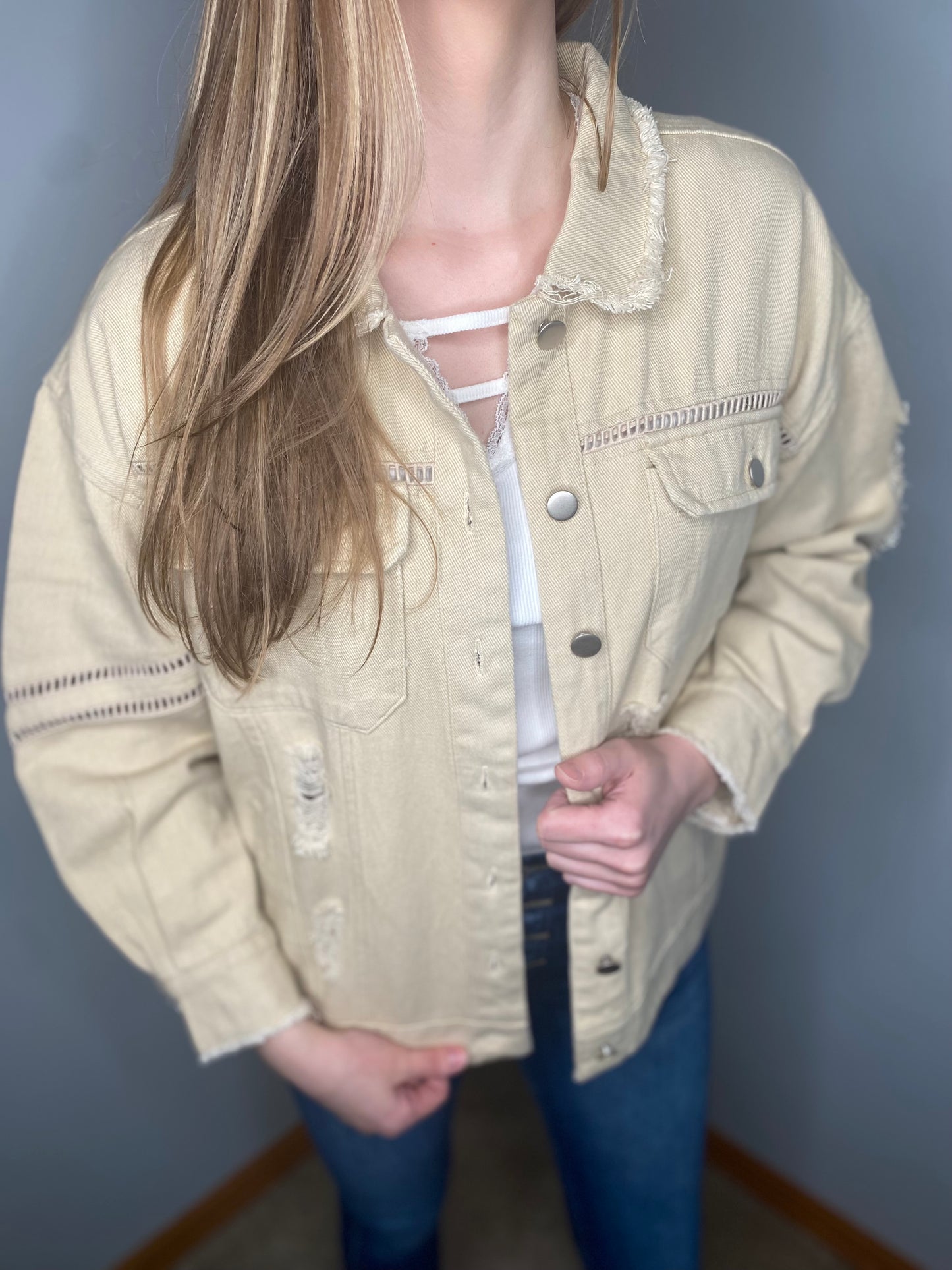 Washed Trim Detail Distressed Jacket