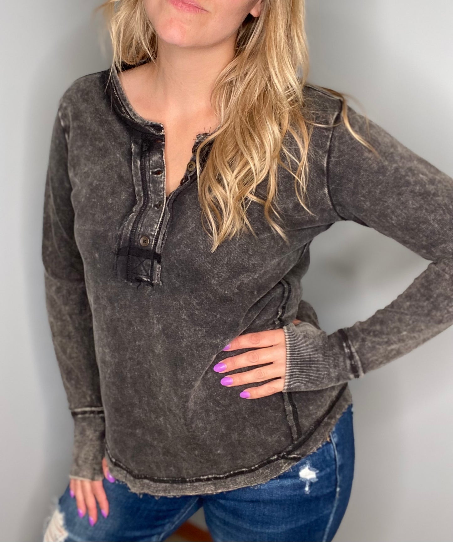 Washed Long Sleeve Henley Top