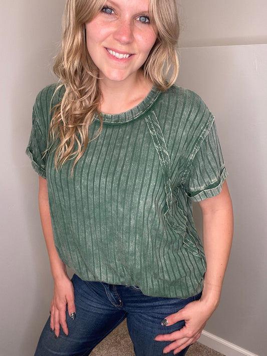 Ribbed Short Sleeve Boat Neck Top