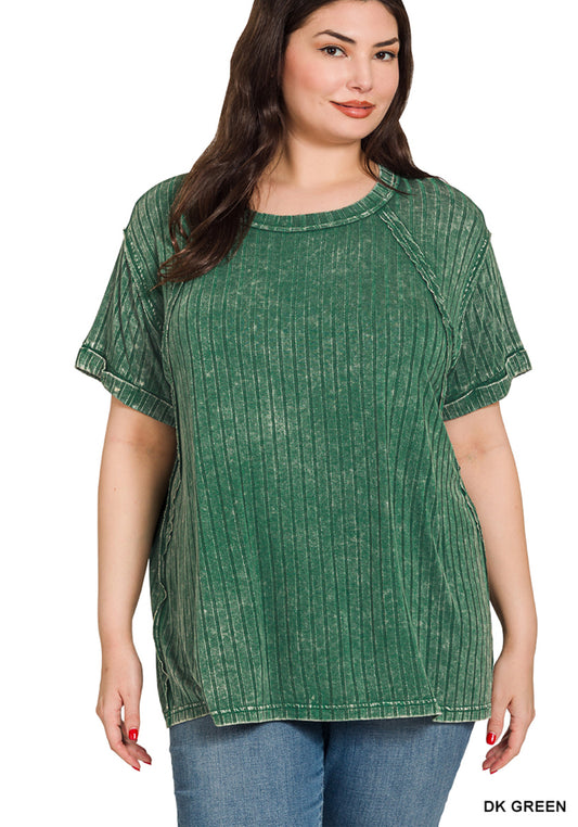 Plus Ribbed Short Sleeve Boat Neck Top