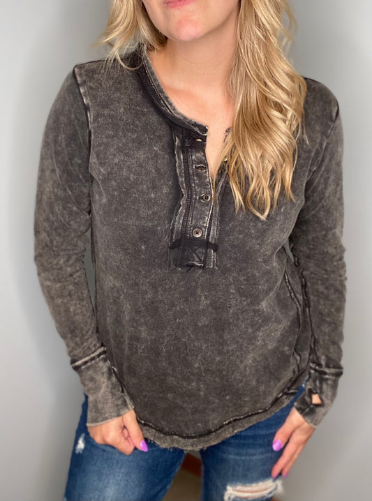 Washed Long Sleeve Henley Top
