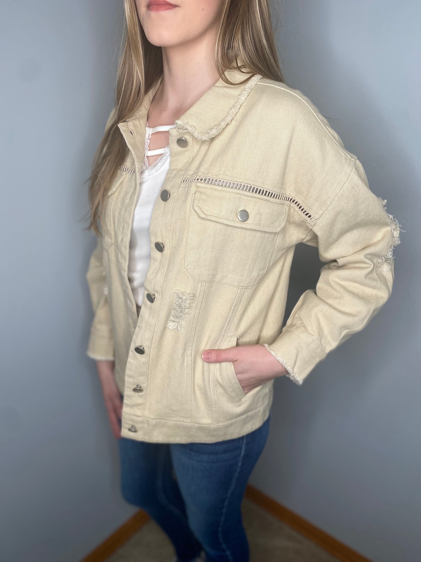 Washed Trim Detail Distressed Jacket