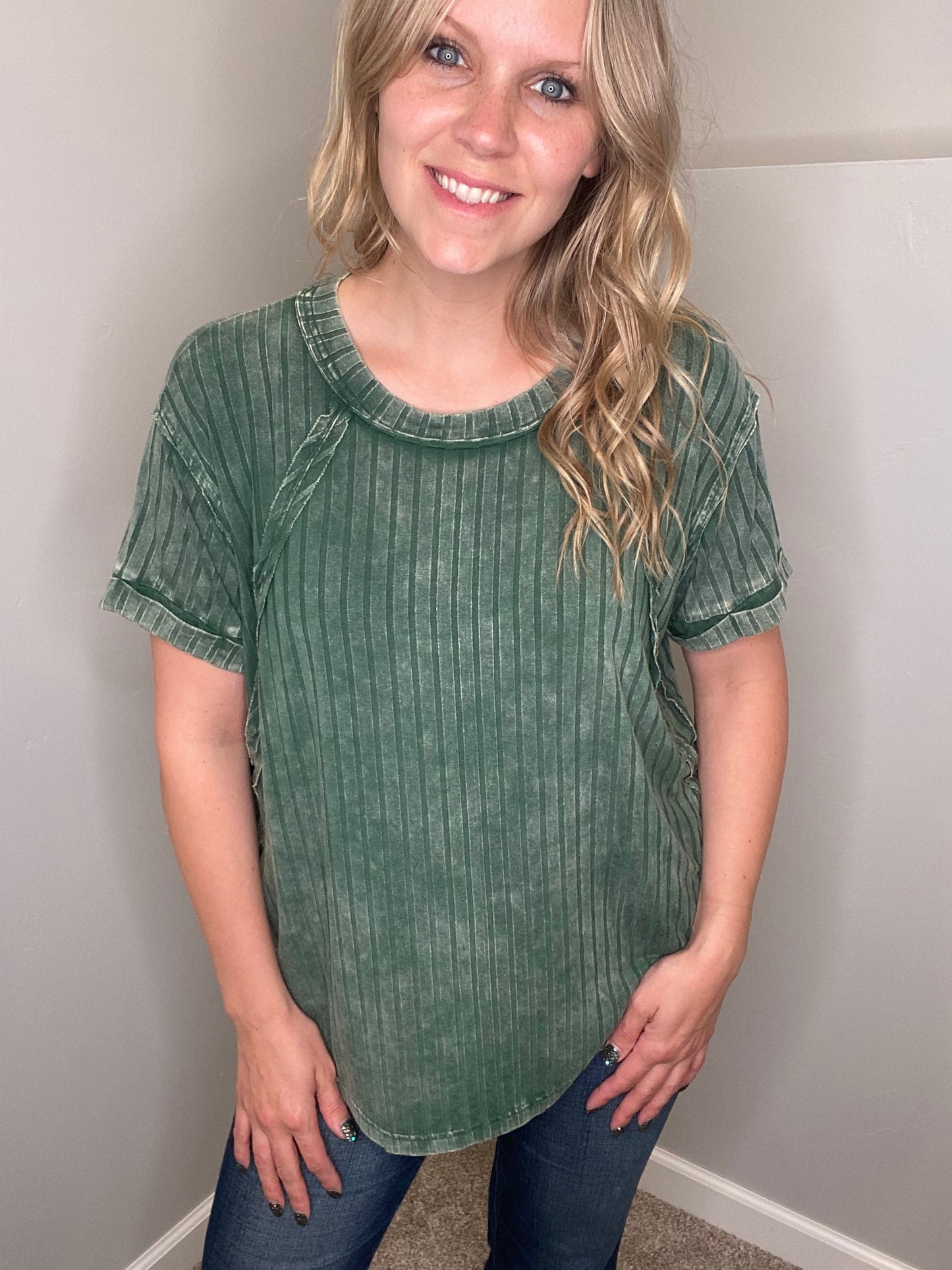 Ribbed Short Sleeve Boat Neck Top